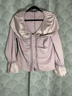 Kenar Lavender Satin-Trim Ruffle Button Front Blouse